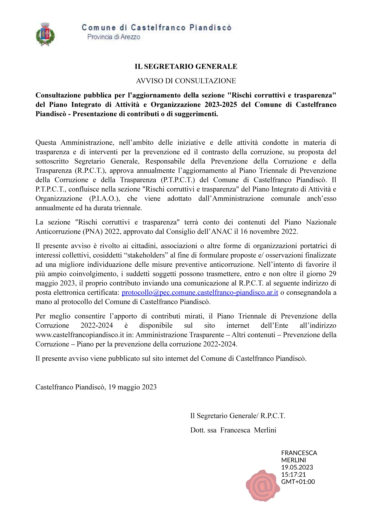 Consultazione pubblica per l'aggiornamento della sezione "Rischi corruttivi e trasparenza" del PIAO 2023/2025