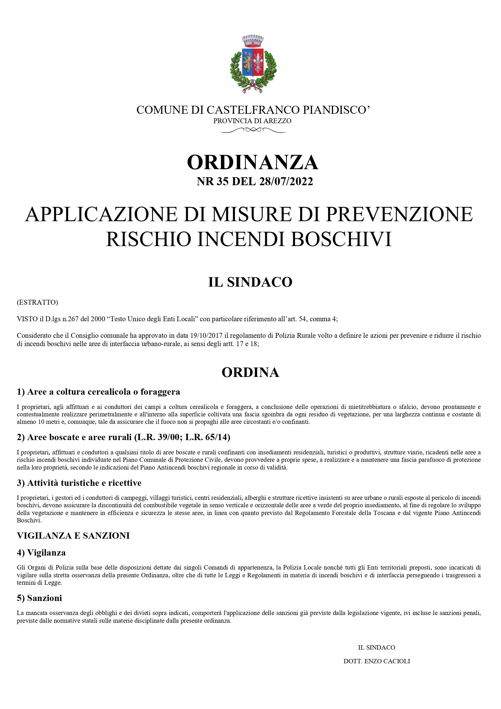 Ordinanza n.35 - Misure di prevenzione rischio incendi boschivi