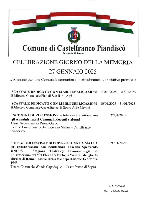 Giorno della Memoria, 27 gennaio 2025: le iniziative dell'Amministrazione comunale di Castelfranco Piandiscò