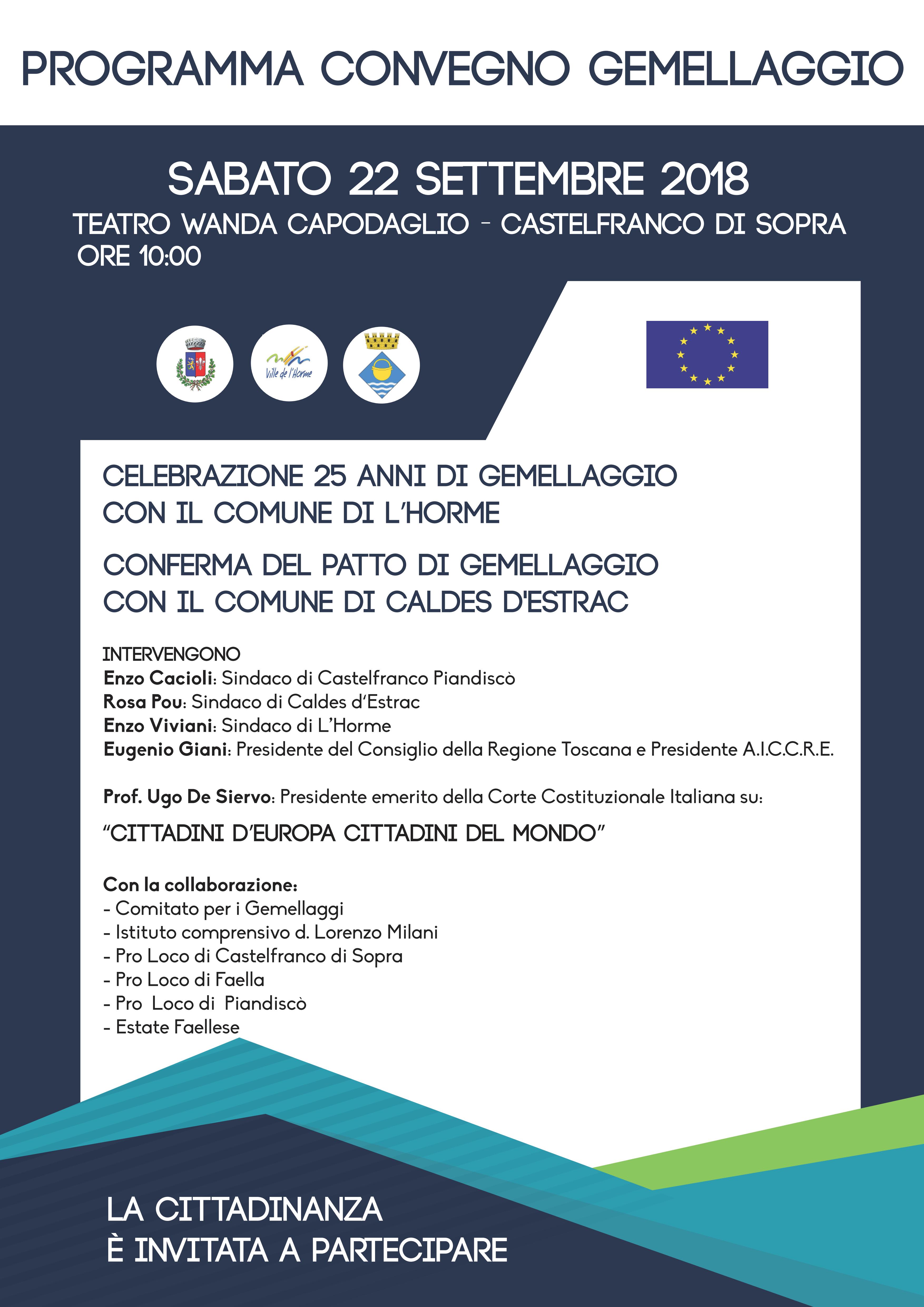 Sabato 22 settembre giornata dedicata ai Gemellaggi
